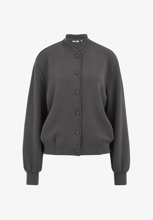 Jachetă cardigans gri dintr-un material moale, cu guler rotund, închidere cu nasturi și mâneci ușorbufante pentru o potrivire relaxată.