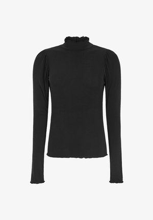 Fekete, hosszú ujjú, testhezálló felső magas, fodros nyakkal, enyhe puffos vállakkal, és hullámos szegéllyel az ujjakon és az alján.