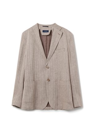 Beige linnen blazer met twee voorzakken en een borstzak, voorzien van een notch-lapel en bruine knopen. Gevoerde binnenkant.