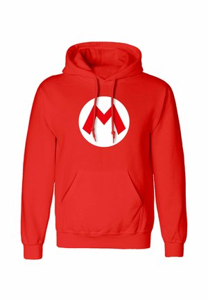 Rode hoodie met een voorzak, verstelbare trekkoorden en een grote witte cirkel met een gestileerd rood "M"-logo op de borst.