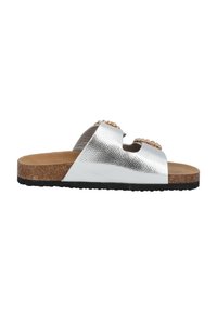 Silver slide sandals with a textured upper, cork footbed, and black rubber sole. Features two decorative accents on the straps.