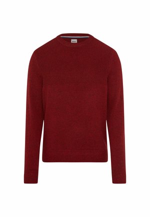 Pull en tricot rouge avec un col rond, un panneau supérieur texturé, et des poignets et un ourlet côtelés. Tissu doux avec un léger motif chiné.