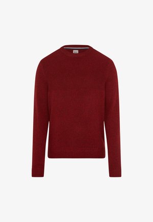 Maglione rosso lavorato a maglia con scollatura rotonda, pannello superiore testurizzato e polsini e orlo a costine. Tessuto morbido con una leggera fantasia melange.