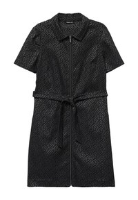 Black short-sleeve dress with zipper front, collar, textured diamond pattern, and a tied belt at the waist.