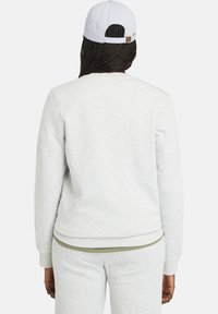 Felpa grigia chiara con collo rotondo, polsini e orlo a costine. Il design presenta una fascia verde a contrasto in vita.
