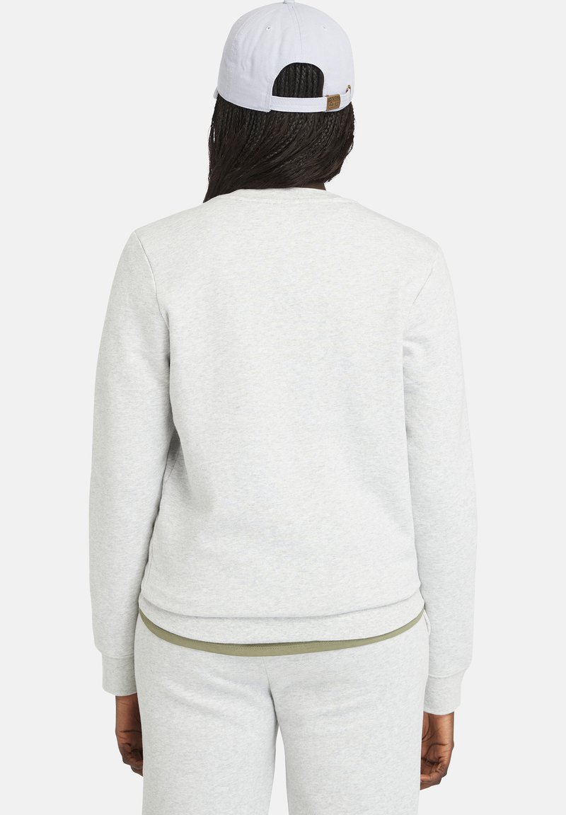 Felpa grigia chiara con collo rotondo, polsini e orlo a costine. Il design presenta una fascia verde a contrasto in vita.