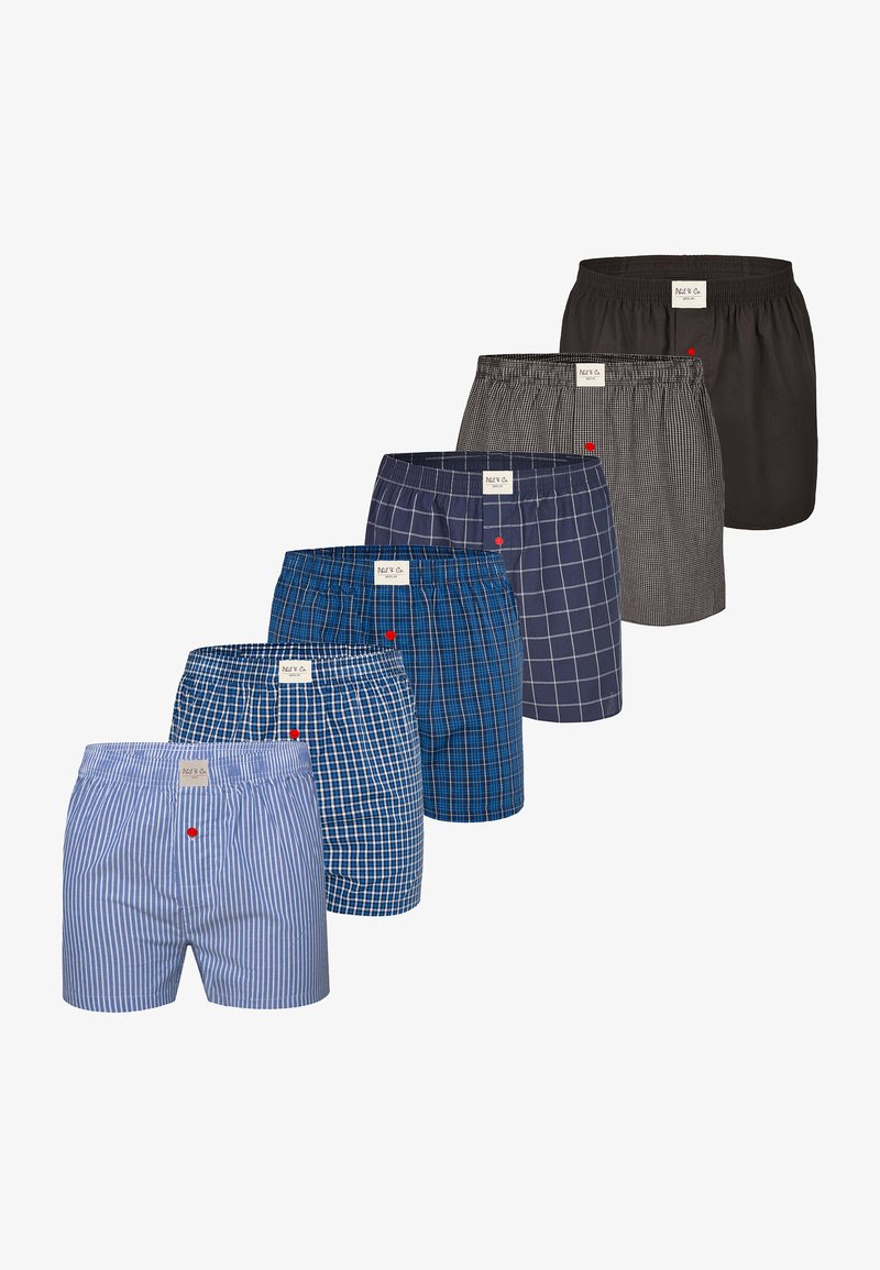 Boxershorts in zes ontwerpen: gestreept, geruit en effen in tinten blauw, grijs en zwart. Elk model heeft een voorknop en een elastische tailleband.