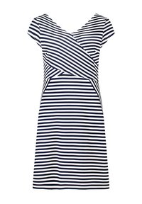 Striped dress with a v-neckline, featuring horizontal navy and white stripes, short sleeves, and a fitted waist design.