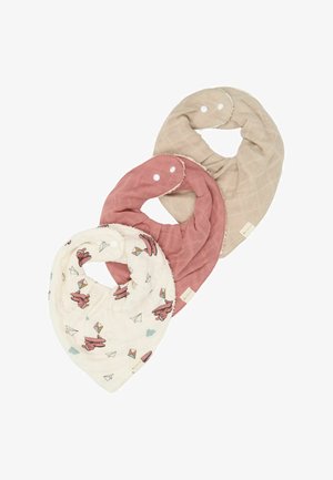 Trys kūdikių seilinukai smėlio, dulkių rožinės ir baltos spalvų su lėktuvo ir aitvaro raštais, kiekvienas su reguliuojamais spaudžiamais užsegimais.