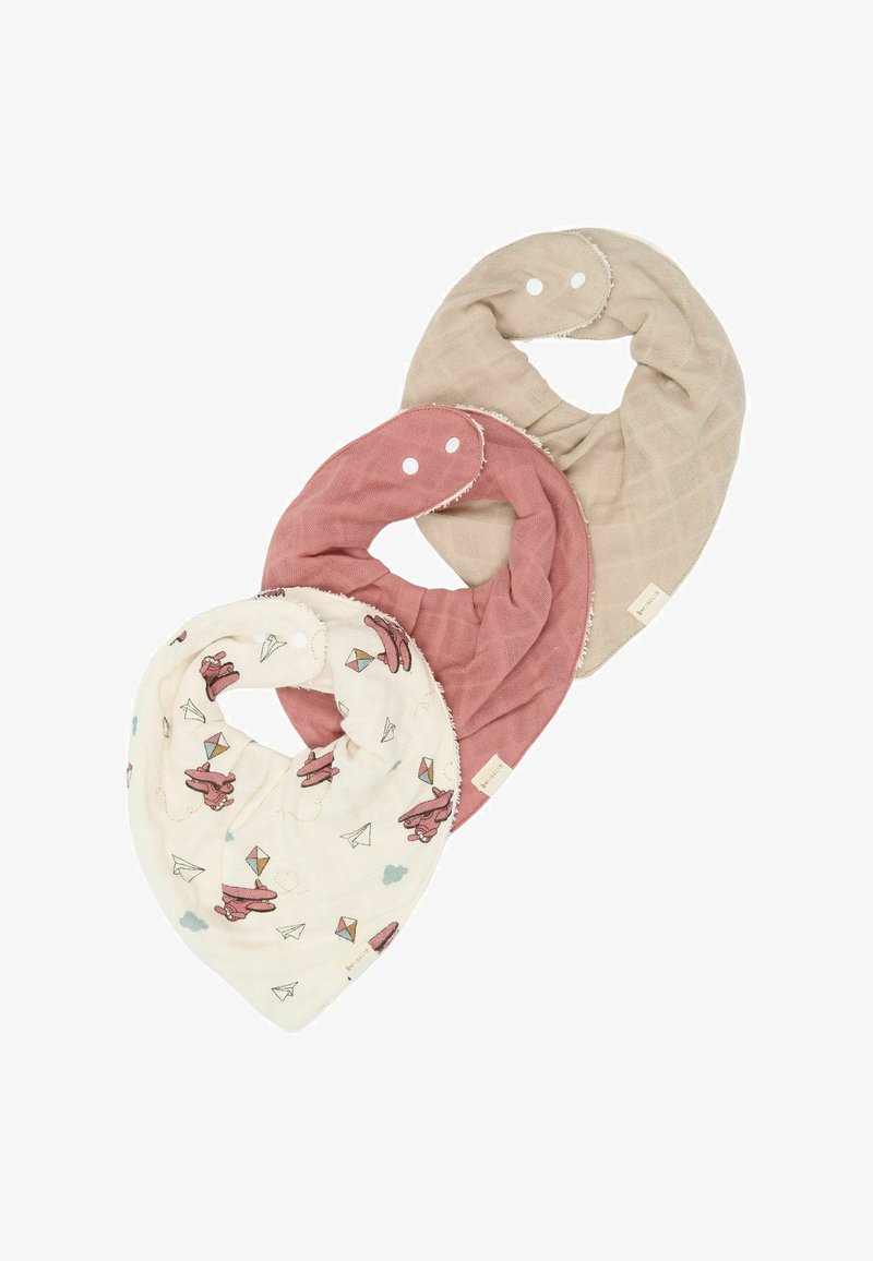 Trois bavoirs pour bébé en beige, rose poudré et blanc avec des motifs d'avion et de cerf-volant, chacun doté de fermetures à pression réglables.