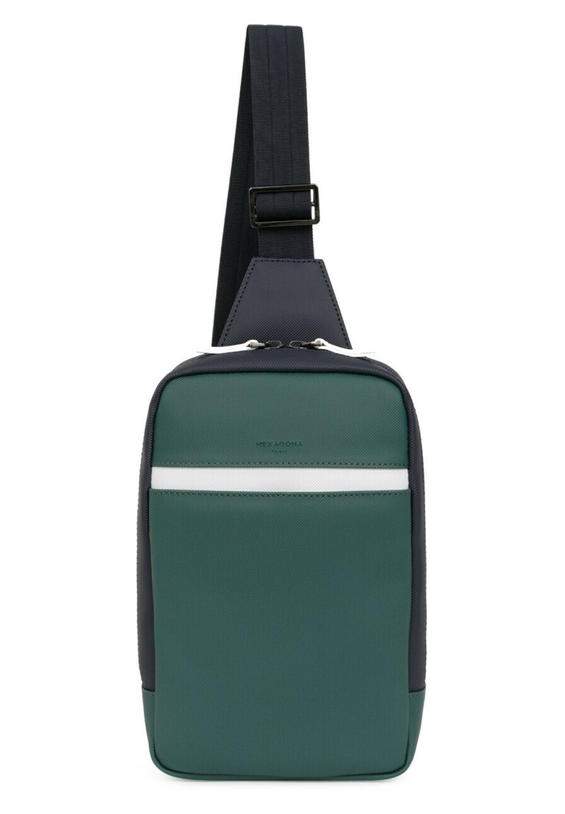 Borsa a tracolla verde e blu navy con superficie texture, dettaglio a striscia bianca e tracolla regolabile; presenta una chiusura zip e un design elegante.