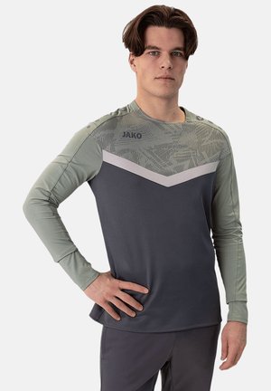 Langarm sportshirt met een grijze body, lichtgroene mouwen, een chevronontwerp in lichtgrijs en ademend materiaal met textuuraccenten.