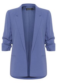 Modrý blejzr s dlouhými rukávy, s ohrnutými manžetami, klopovým límcem a otevřeným designem. Vyrobeno z hladkého materiálu s elegantním povrchem.