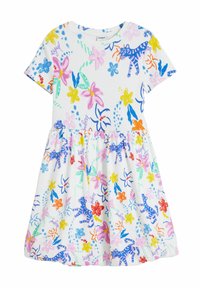 Kurzärmeliges Kleid aus weißer Baumwolle mit einem schwingenden Rock. Hat bunte Blumen- und Tierdrucke in Blau, Pink, Gelb und Orange.