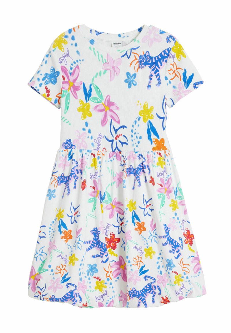 Kurzärmeliges Kleid aus weißer Baumwolle mit einem schwingenden Rock. Hat bunte Blumen- und Tierdrucke in Blau, Pink, Gelb und Orange.