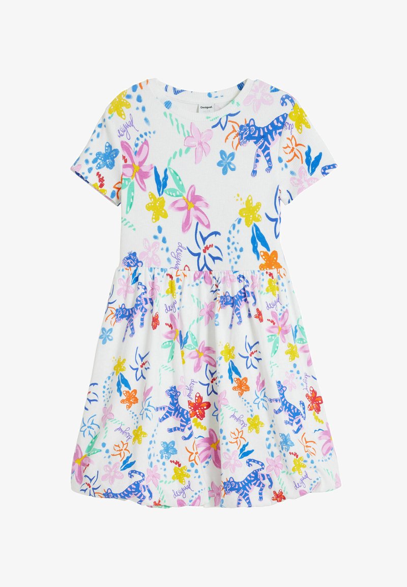 Biele šaty s krátkym rukávom z bavlny s rozšírenou sukňou. Obsahujú farebné květinové a zvieracie potlače v modrej, ružovej, žltej a oranžovej farbe.