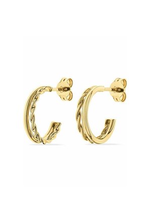 Goldene Creolen mit einem verdrehten Design, ausgestattet mit einer glatten Oberfläche und einem sicheren Steckverschluss. Eleganter und minimalistischer Stil.