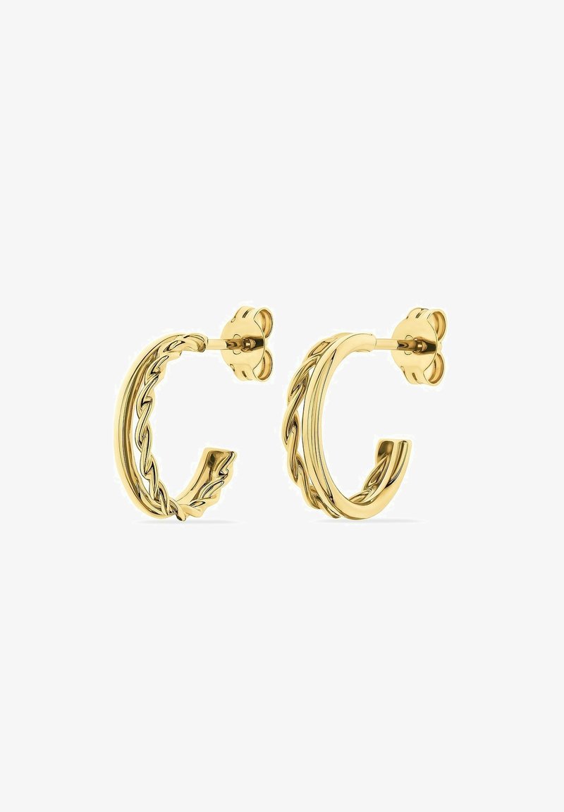 Goldene Creolen mit einem verdrehten Design, ausgestattet mit einer glatten Oberfläche und einem sicheren Steckverschluss. Eleganter und minimalistischer Stil.