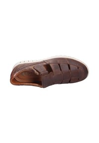 Brown leather slip-on shoe with woven upper design, white rubber sole, and open sides for ventilation. Textured finish with no patterns.