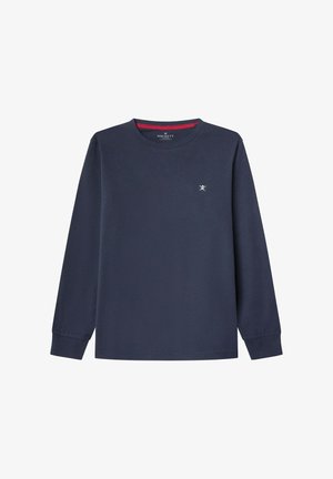 T-paita pitkähihaisena tummansinisestä pehmeästä puuvillasta, jossa on pyöreä pääntie. Edessä on minimalistisella tyylillä valkoinen logo rinnassa ja rib剪oitu hihansuu.