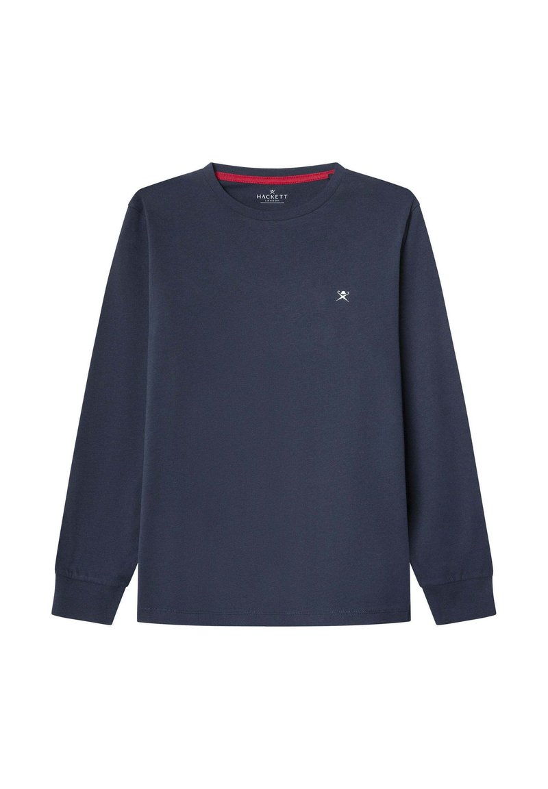 Marineblaues langärmliges T-Shirt aus weicher Baumwolle mit Rundhalsausschnitt. Mit minimalistischem weißen Logo auf der Brust und gerippten Bündchen.