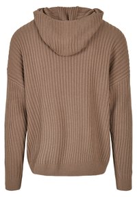 Pull à capuche en tricot côtelé marron avec manches longues, vu de dos.