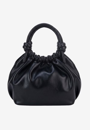 Borsa a mano in pelle nera morbida con parte superiore raccolta e due manici spessi legati a nodi su uno sfondo chiaro uniforme.
