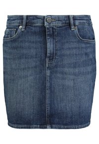 Spódnica dżinsowa w ciemnym odcieniu, z przednimi kieszeniami, zapięciem na guziki i prostym krojem. Teksturowana tkanina z subtelnym wyblakaniem.