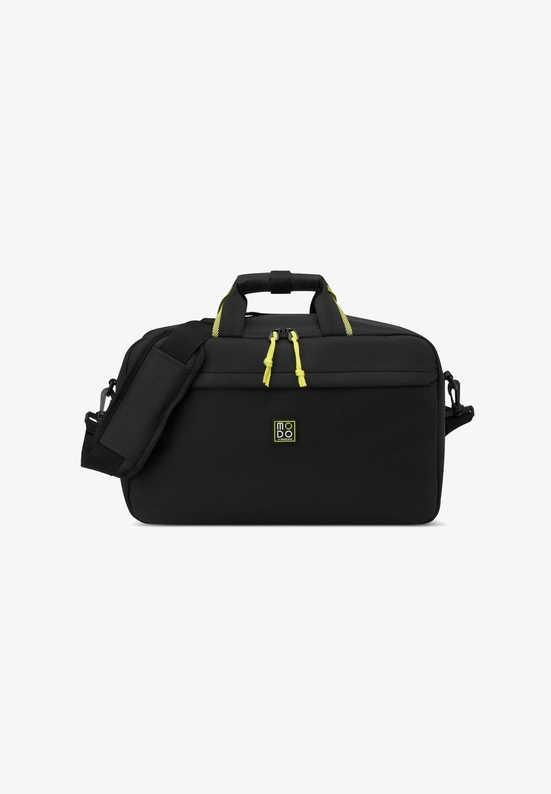 Schwarze Tasche aus strapazierfähigem Material, mit gelben Reißverschlussanhängern, einem abnehmbaren Schultergurt und zwei oberen Traggriffen.