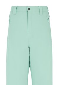 Mintgroene broek met een gladde textuur, voorzien van een ritszak aan elke kant, knoopsluiting en een recht gesneden ontwerp.