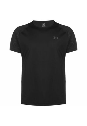 Sort atletisk T-shirt med korte ærmer, rund halsudskæring og Under Armour-logo på venstre bryst.