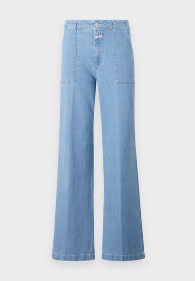 Light blue denim wide-leg trousers with a high waist, featuring two front pockets and a button closure. Smooth texture with minimal stitching.