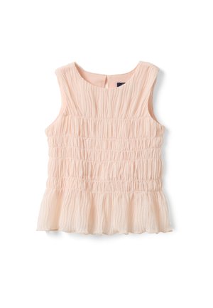 Mouwloze lichtroze blouse met textuur, voorzien van geplooide smocking en een uitlopende zoom, plat uitgestald op een witte achtergrond.