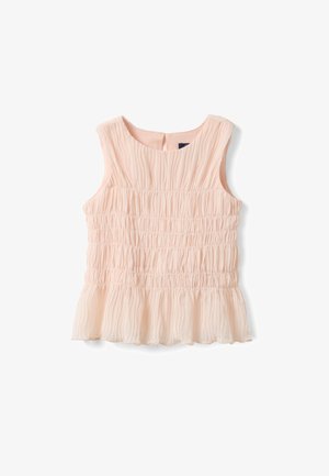 Blouse sans manches rose pâle texturée avec smocks froncés et ourlet évasé, présentée à plat sur fond blanc.