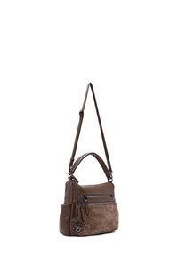 Borsa in pelle marrone e suede con una finitura testurizzata, dotata di molteplici tasche con cerniera e di una tracolla removibile.