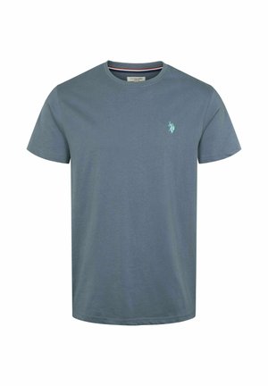 T-shirt blu a maniche corte con scollo rotondo e piccolo logo ricamato azzurro chiaro sul petto sinistro, design semplice.