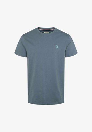 T-shirt bleu à manches courtes avec col rond et petit logo brodé bleu clair sur la poitrine gauche, design sobre.