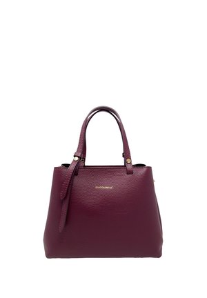 Borsa in pelle viola scuro con due manici, dettagli dorati e un piccolo logo del marchio dorato centrato sulla parte anteriore.