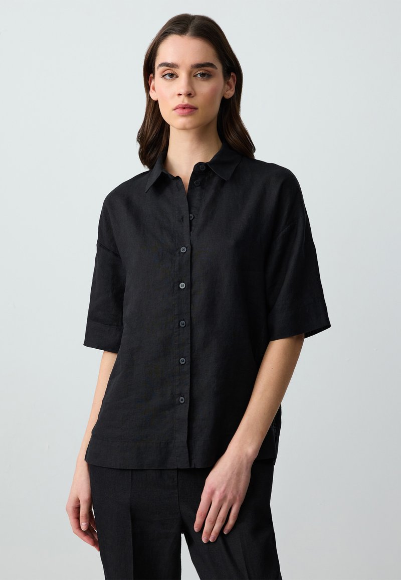 Camicia nera di lino a maniche corte con chiusura a bottoni e colletto a punta; presenta una vestibilità rilassata e un sottile motivo a trama.