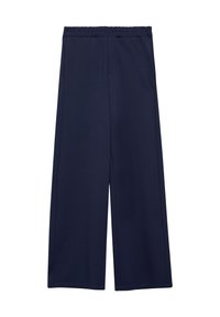 Marineblauwe wijde broek gemaakt van zachte stof, met een elastische tailleband en twee zijzakken voor gemak. Eenvoudig ontwerp, geen patronen.