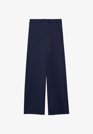 Pantalons larges bleu marine en tissu doux, dotés d'une taille élastique et de deux poches latérales pour plus de praticité. Design uni, sans motifs.