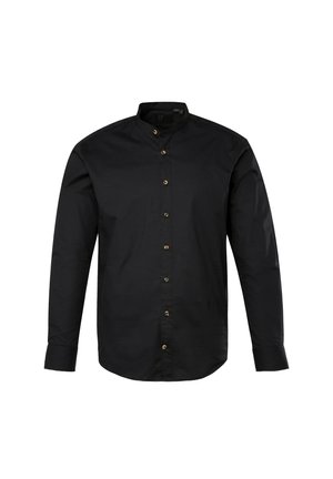 Camisa negra de manga larga con cuello mandarín, con botones dorados en la parte delantera. Tejido suave con un corte entallado.