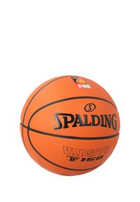 Oranger Basketball mit strukturierter Oberfläche, schwarzen Akzenten und Beschriftung: "SPALDING" und "VARSITY TF150" auf dem Panel.