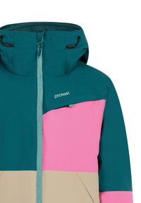 Barevně blokovaná nepromokavá bunda s teal, růžovými a béžovými částmi, nastavitelnou kapucí a zipovým uzávěrem s logem na levé prsní části.
