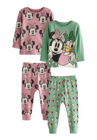Two sets of children's pajamas featuring cotton fabric. One set is pink with black Minnie Mouse faces; the other is green with Minnie and Daisy motifs.