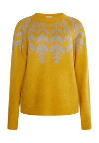 Maglione giallo lavorato a maglia con motivo a foglia in grigio chiaro. Collo rotondo, maniche lunghe e polsini e orlo a coste. Texture morbida.