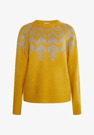 Gul strikket sweater med et bladmønster i lys grå. Rundet halsudskæring, lange ærmer og ribbede manchetter og nederste kant. Blød tekstur.