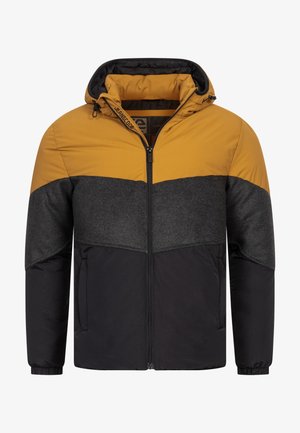 Huzatos dzseki kapucnival, sárga felső résszel, szürke középső résszel és fekete alsó résszel. Cipzáras záródás és oldalsó zsebek. Texturált anyag.