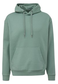 Mintgroene hoodie met een kangoeroe pocket, verstelbare trekkoord, ribbelboorden en -zoom. De stof heeft een gladde textuur met subtiele patronen.