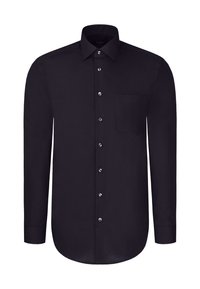 Czarna bawełniana koszula z długim rękawem, z klasycznym kołnierzykiem, zapinana na guziki z przodu, z kieszenią na lewej piersi. Gładka faktura.